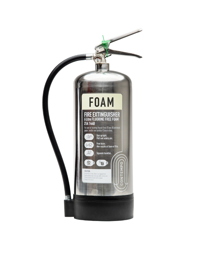 6L Fluorine Free Foam Fire Extinguisher Stainless Steel Contempo